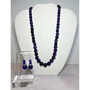 Amethyst Bead & Rhinestone Necklace & Earring Set, (0122)